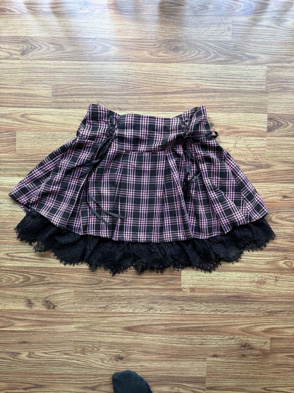 Hot Topic Pink and Black Plaid Pleated Lace Trim Skirt